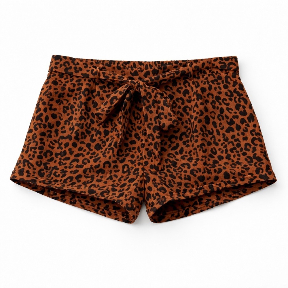 Maximalist Leopard Print Tie Waist Shorts Brown Animal Cats Meow Spring Medium